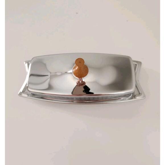 Mid Century Modern Butter Dish Wood Handle Chrome Leaf Etched Hellerware 3 piece - Picture 3 of 11